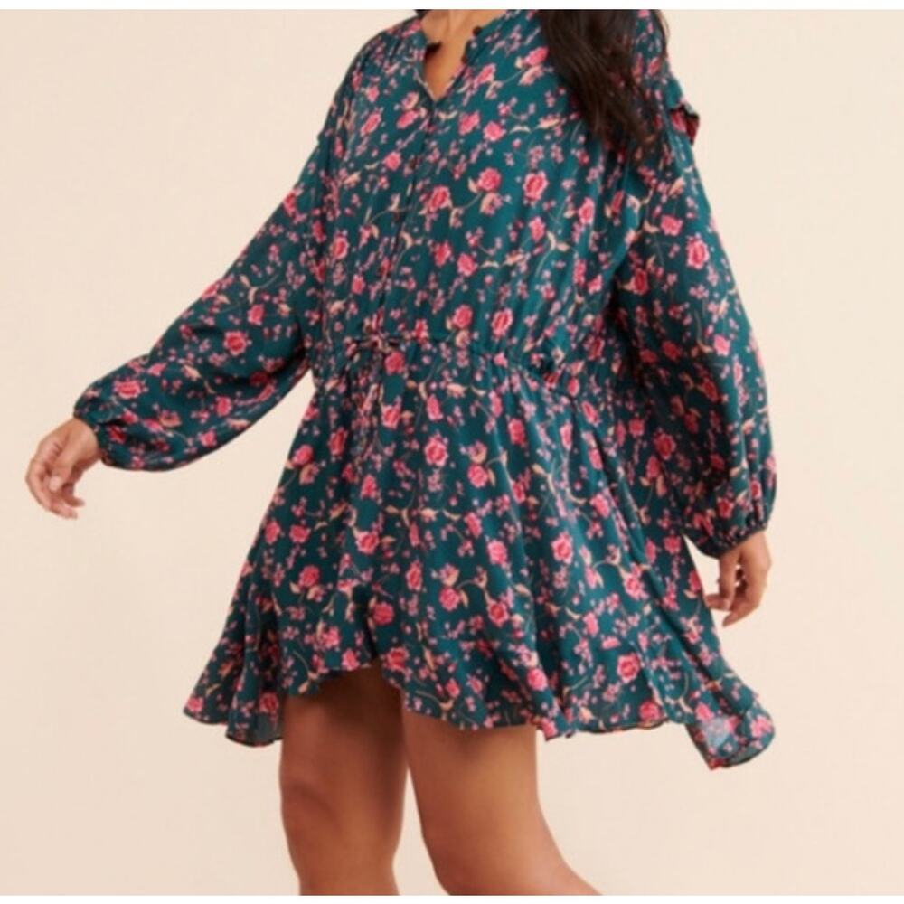 Free People Flower Fields Green Mini Dres Size L Floral Oversized Boho